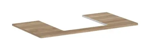 Konsole von Hansgrohe in Holzoptik mit mittigem Ausschnitt, geeignet für einen Aufsatzwaschtisch. Flache, rechtwinklige Form ohne weitere Details.